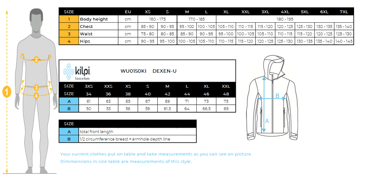 Kilpi DEXEN-U premium unisex ski-jas – Maattabel