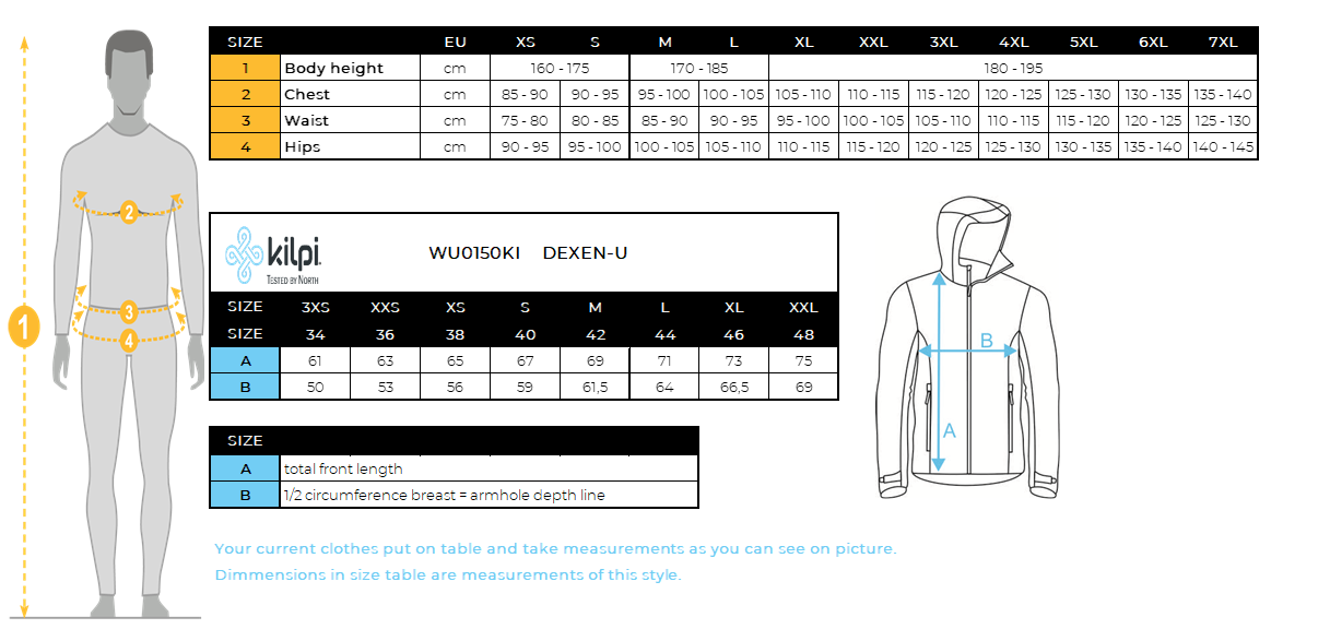 Kilpi DEXEN-U premium unisex ski-jas – Maattabel