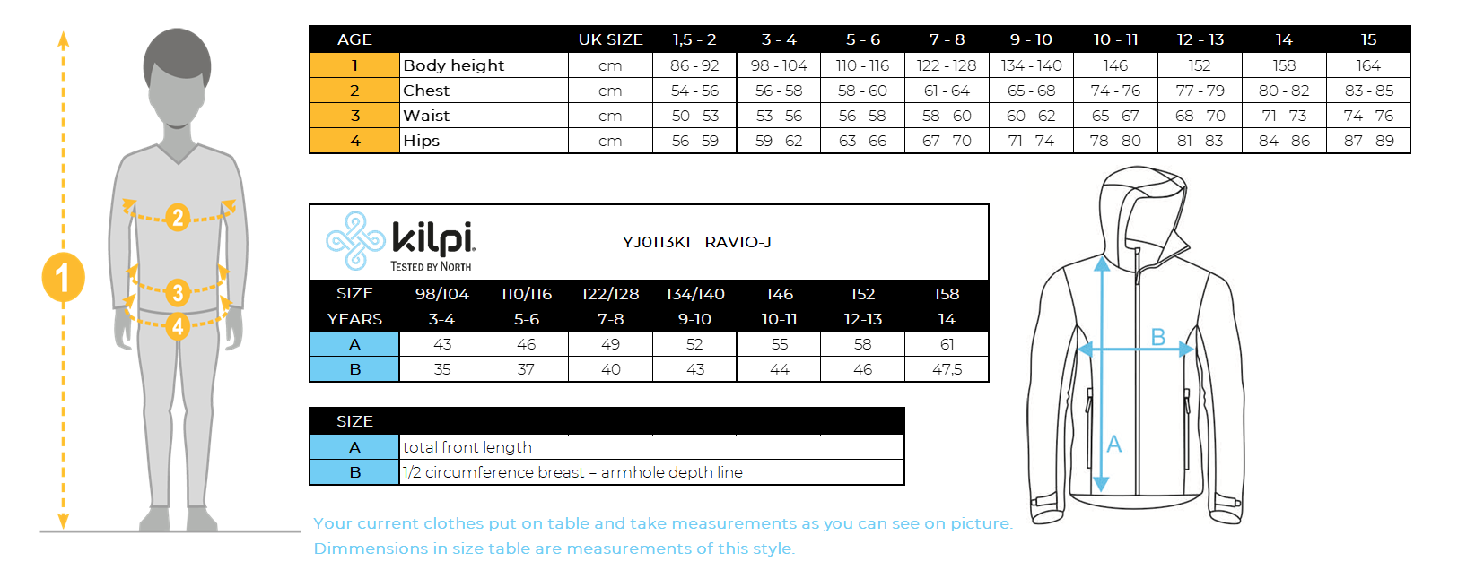 Kilpi RAVIO-J softshell jacket for boys – Size chart