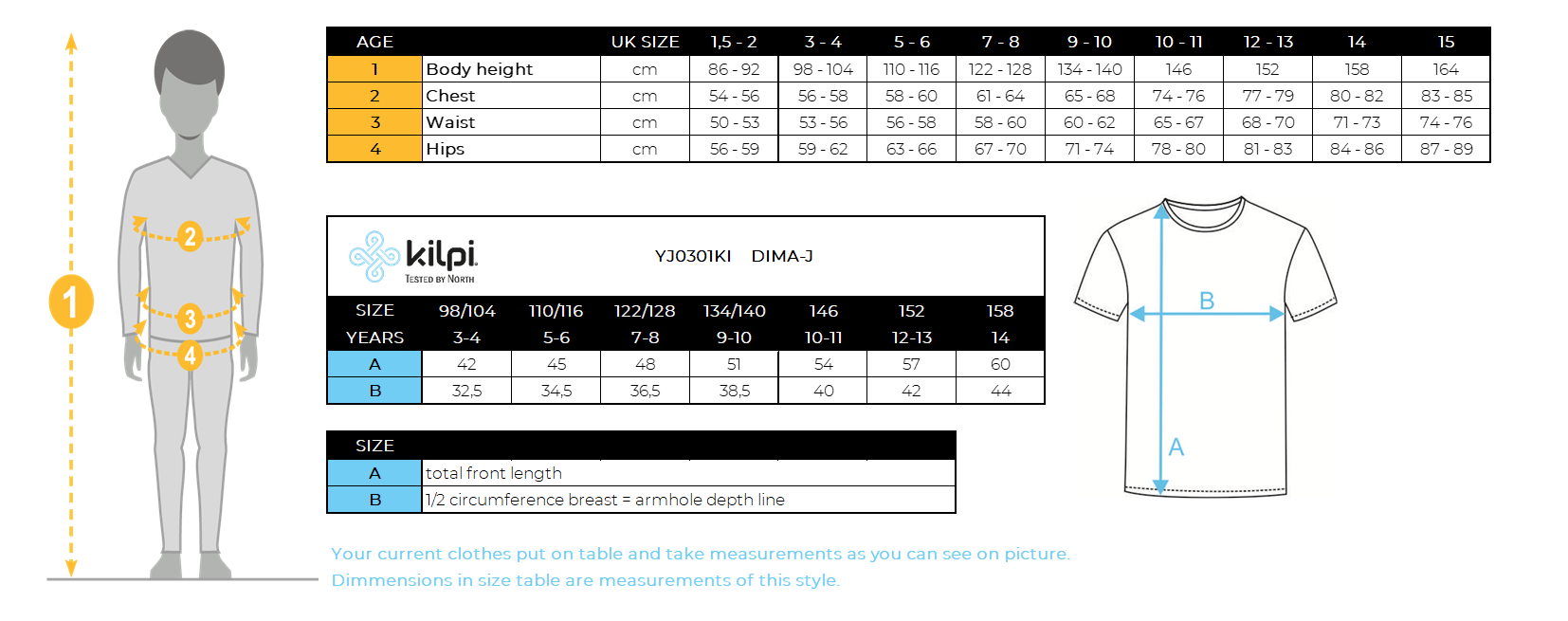 Children's functional t-shirt Kilpi DIMA-J – Size chart