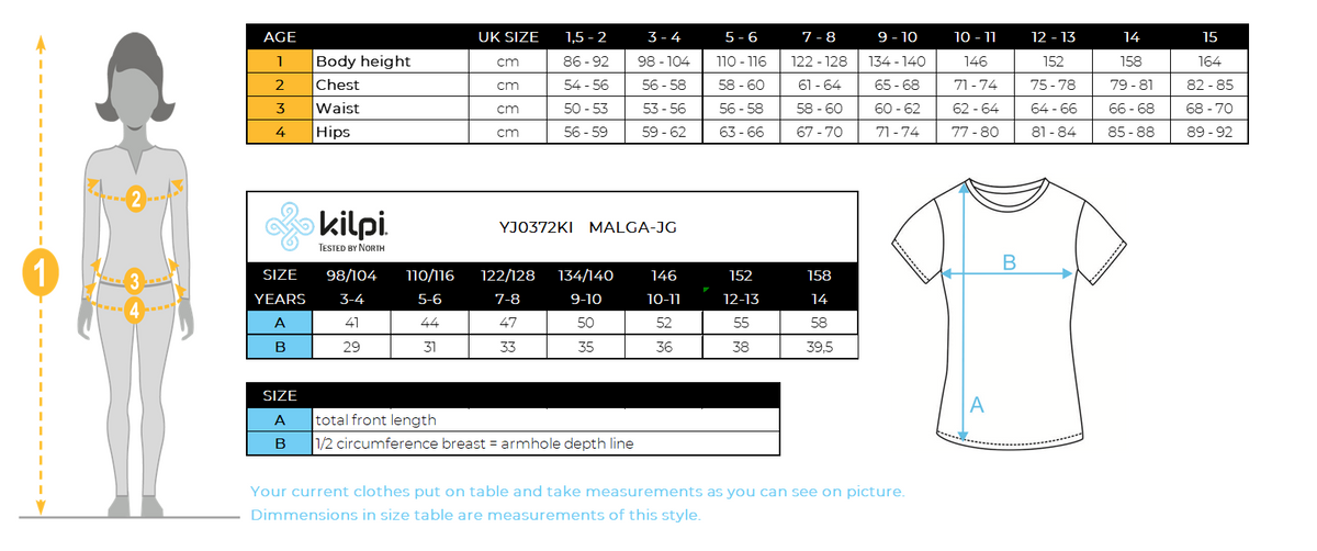 Girl's cotton T-shirt Kilpi MALGA-JG – Size chart