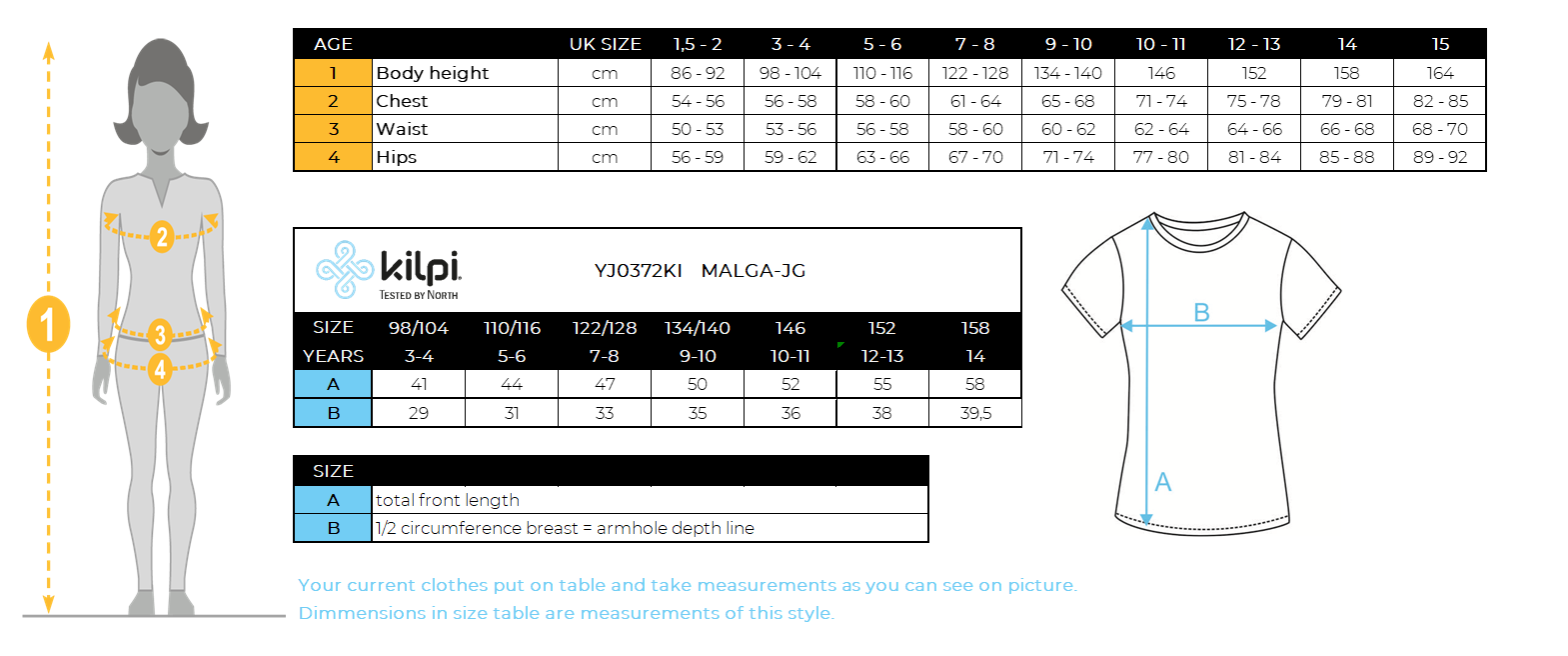 Girl's cotton T-shirt Kilpi MALGA-JG – Size chart