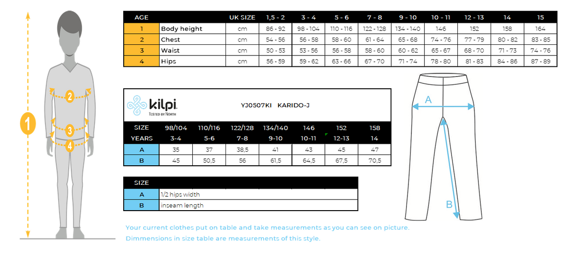 Children's outdoor trousers Kilpi KARIDO-J – Size chart