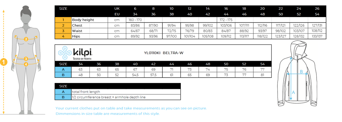 Women´s softshell jacket Kilpi BELTRA-W – Size chart