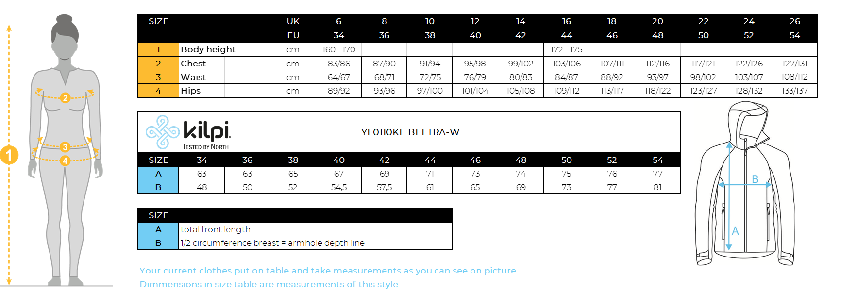 Women´s softshell jacket Kilpi BELTRA-W – Size chart