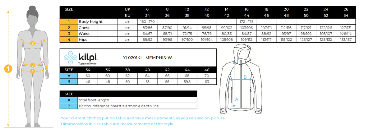Women's functional sweatshirt Kilpi MEMPHIS-W – Size chart