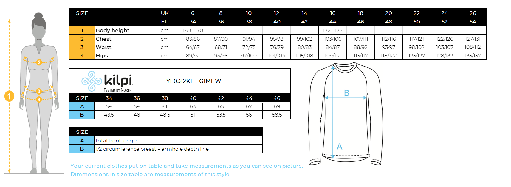 Women's long sleeve technical t-shirt Kilpi GIMI-W – Size chart