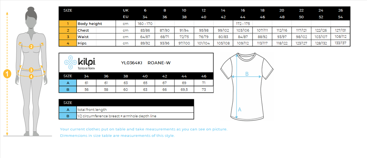 Women's cotton T-shirt Kilpi ROANE-W – Size chart