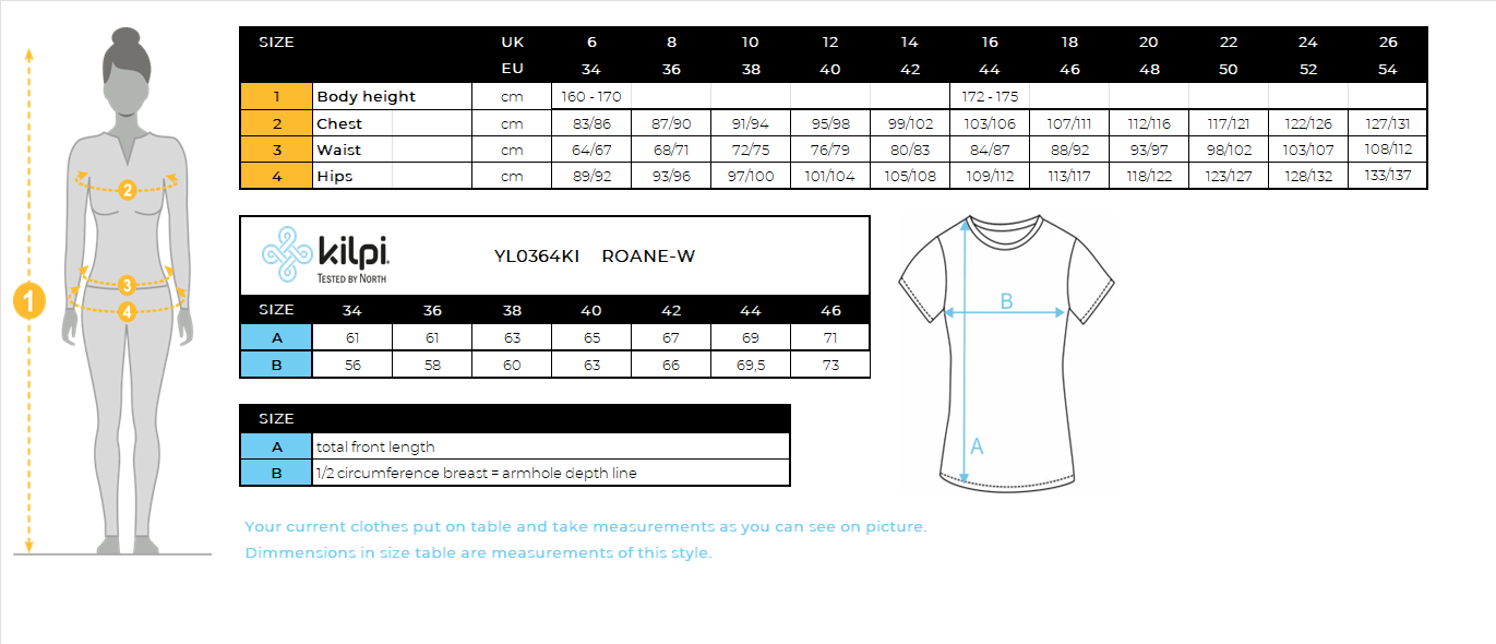 Women's cotton T-shirt Kilpi ROANE-W – Size chart