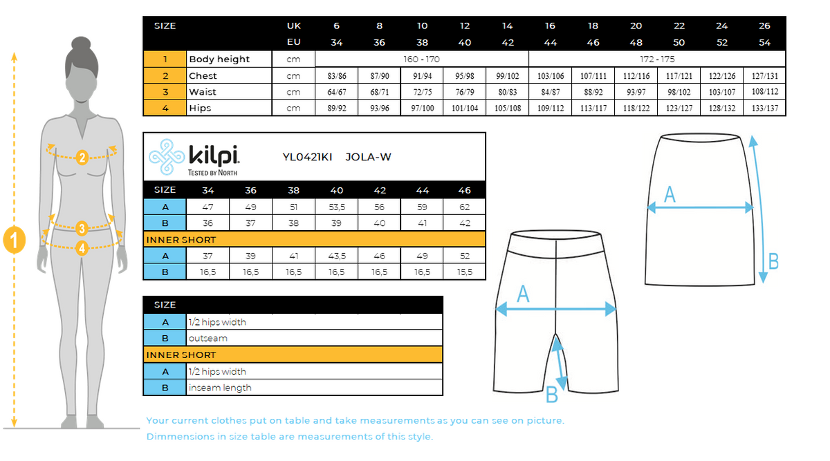 Cycling skirt Kilpi JOLA-W – Size chart