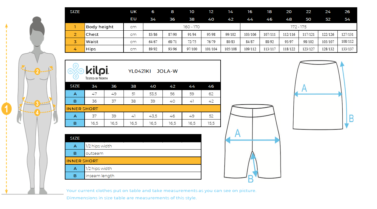 Cycling skirt Kilpi JOLA-W – Size chart