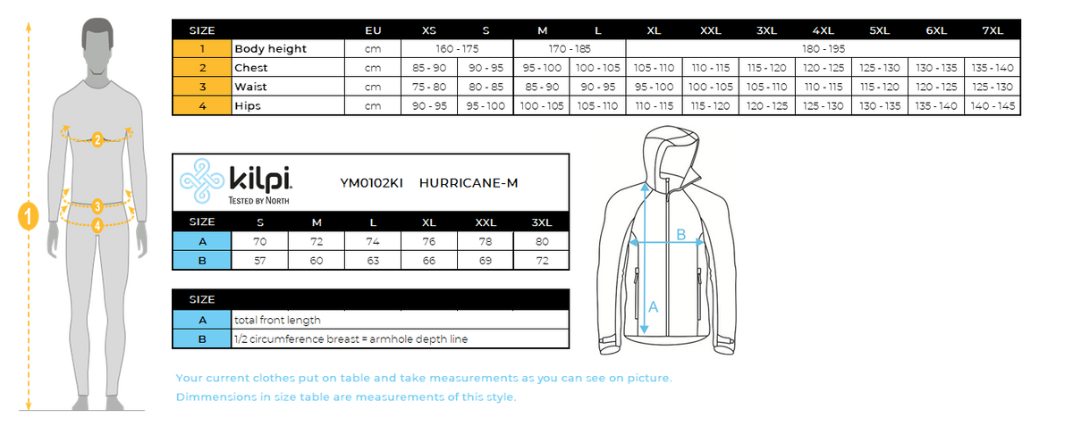 Waterdicht herenjack Kilpi HURRICANE-M – Maattabel