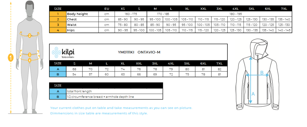 Men's softshell jacket Kilpi ONTAVIO-M – Size chart