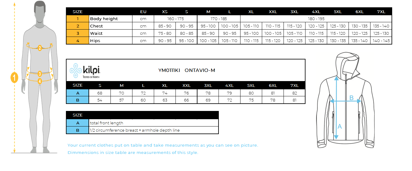 Men's softshell jacket Kilpi ONTAVIO-M – Size chart