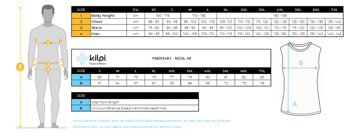 Men's softshell vest Kilpi NOIL-M – Size chart