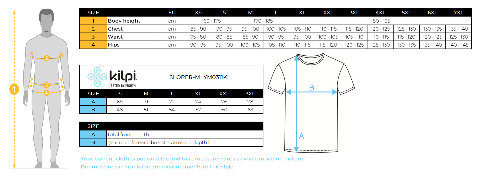 Men's merino wool T-shirt Kilpi SLOPER-M – Size chart