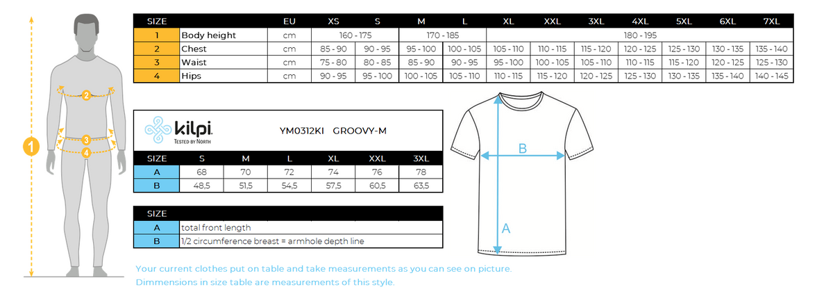 The Kilpi GROOVY-M men's functional T-shirt for an active lifestyle! – Size chart