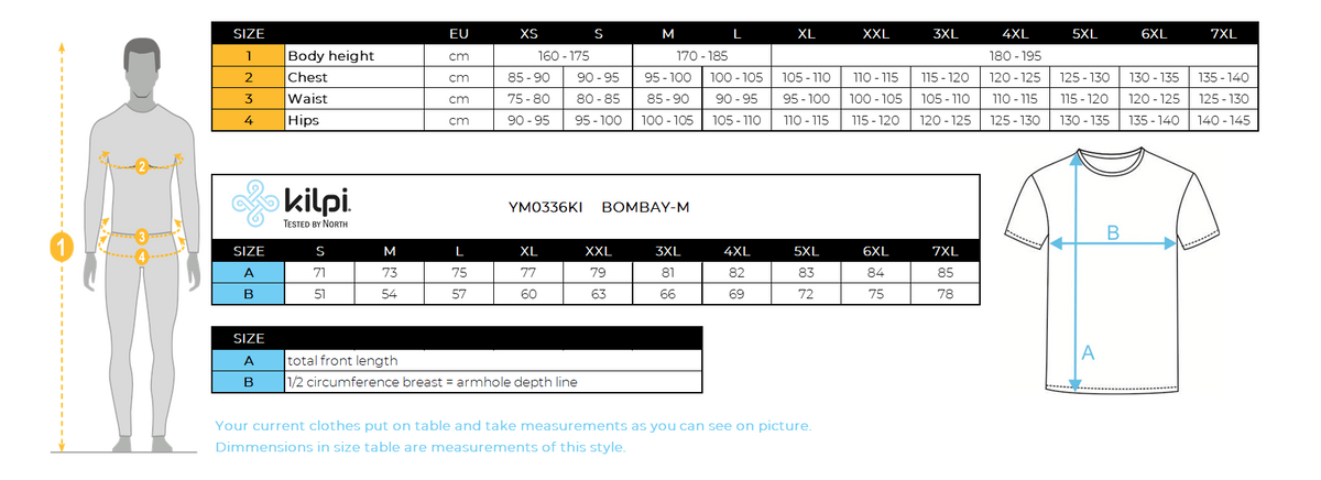 Men's sports shirt Kilpi BOMBAY-M – Size chart