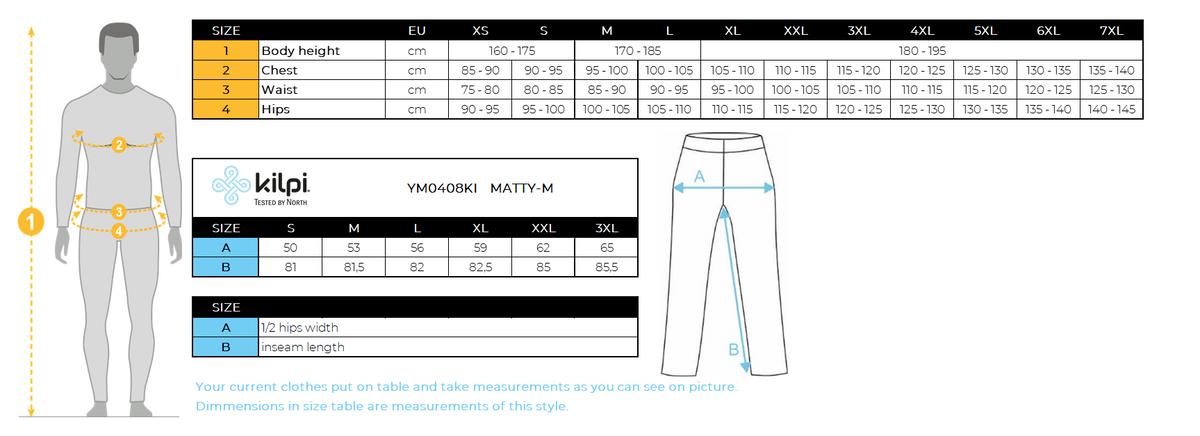 Men's cotton pants Kilpi MATTY-M – Size chart