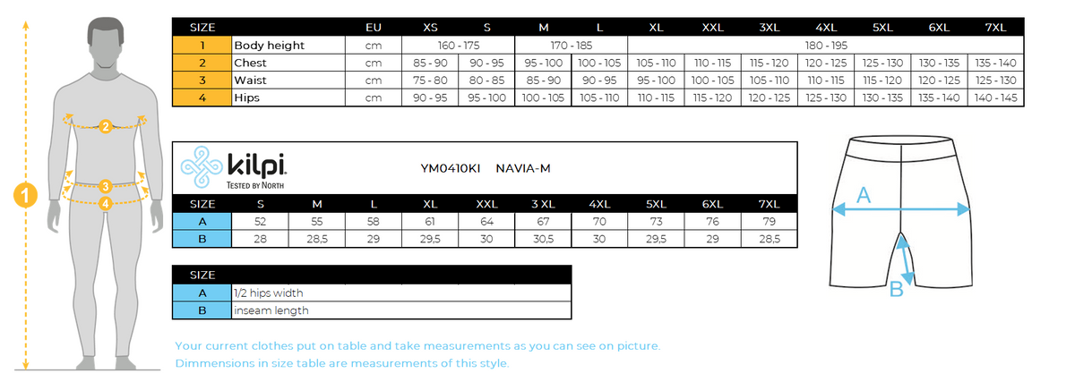 Men's outdoor shorts Kilpi NAVIA-M – Size chart