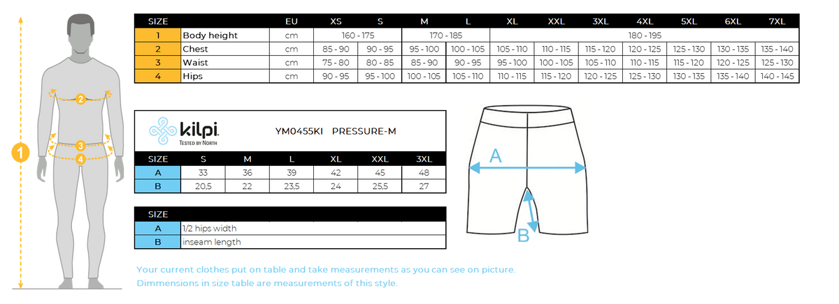 Men's cycling shorts Kilpi PRESSURE-M – Size chart