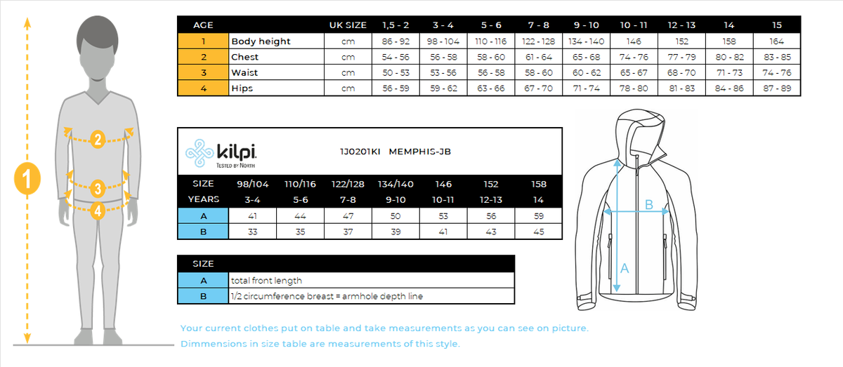 Functioneel sweatshirt voor jongens Kilpi MEMPHIS-JB – Maattabel