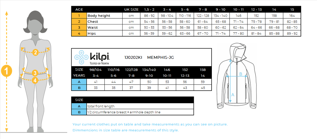 Functioneel sweatshirt voor meisjes Kilpi MEMPHIS-JG – Maattabel