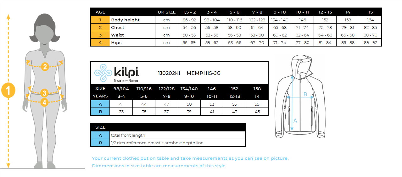 Functioneel sweatshirt voor meisjes Kilpi MEMPHIS-JG – Maattabel