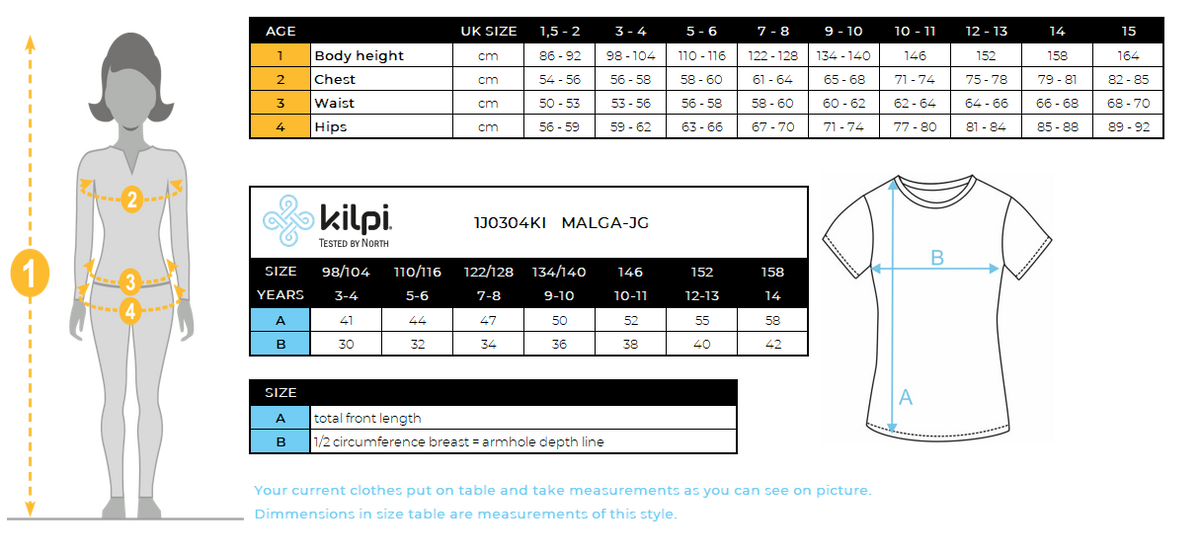 Katoenen T-shirt voor meisjes Kilpi MALGA-JG – Maattabel
