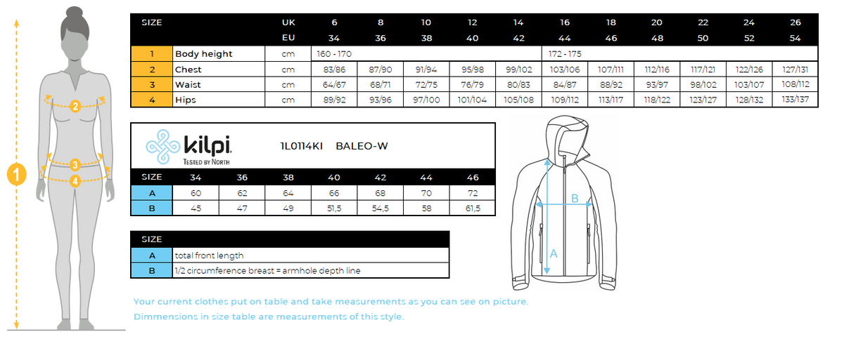 Hardloopjack van softshell voor dames Kilpi BALEO-W – Maattabel