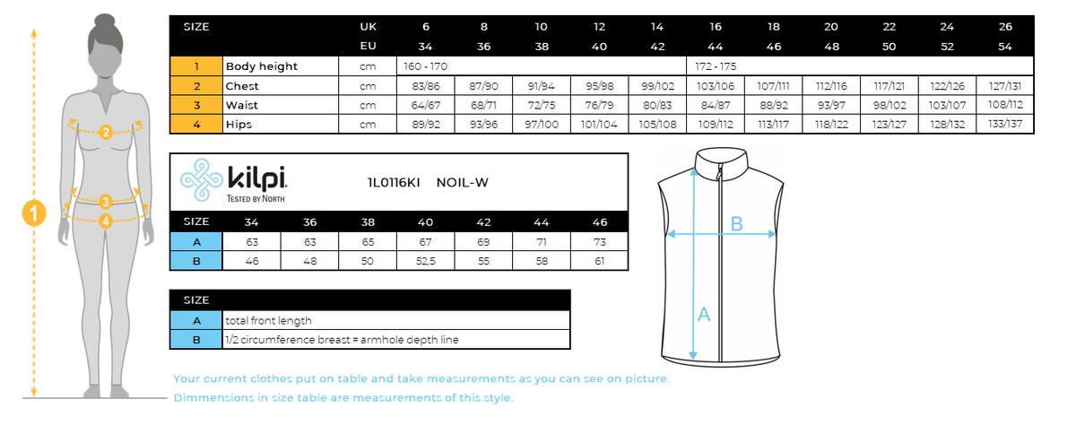 Softshell-vest voor dames Kilpi NOIL-W – Maattabel