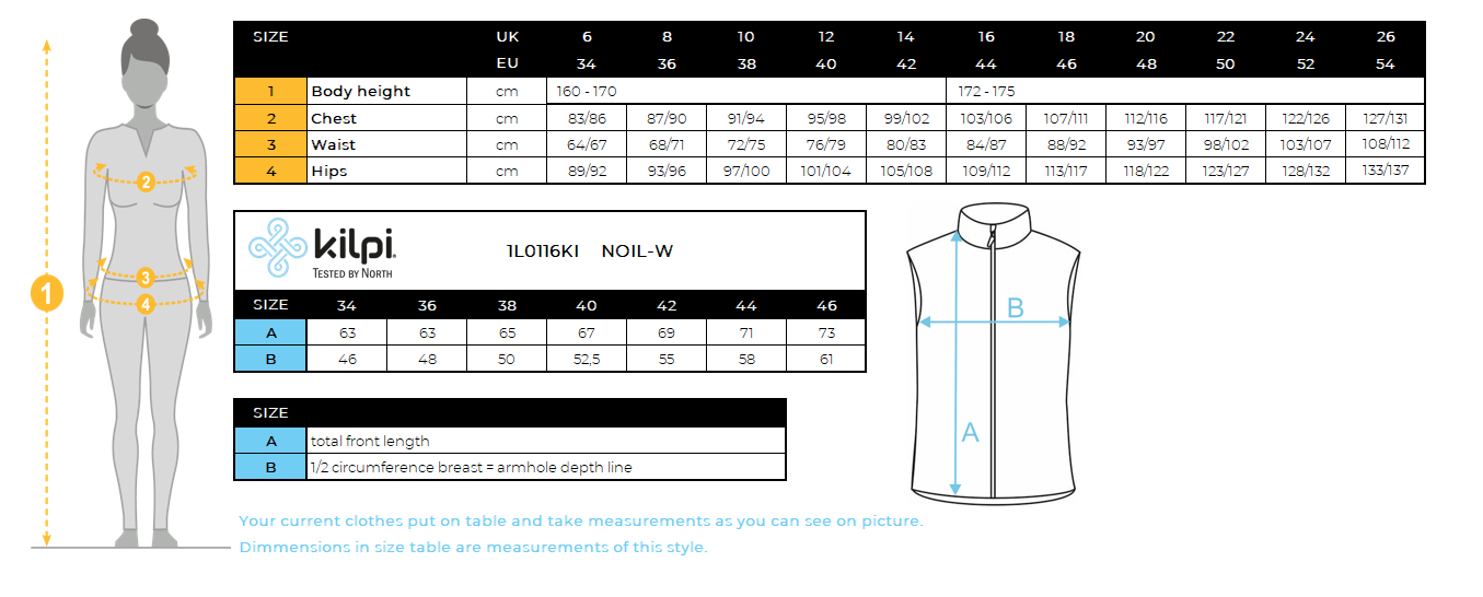 Softshell-vest voor dames Kilpi NOIL-W – Maattabel