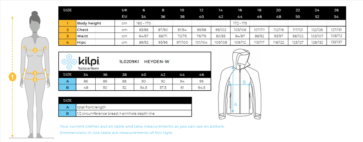 Lange damessweatshirt met capuchon Kilpi HEYDEN-W – Maattabel