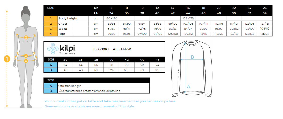 Fitnesssweatshirt voor dames Kilpi AILEEN-W – Maattabel