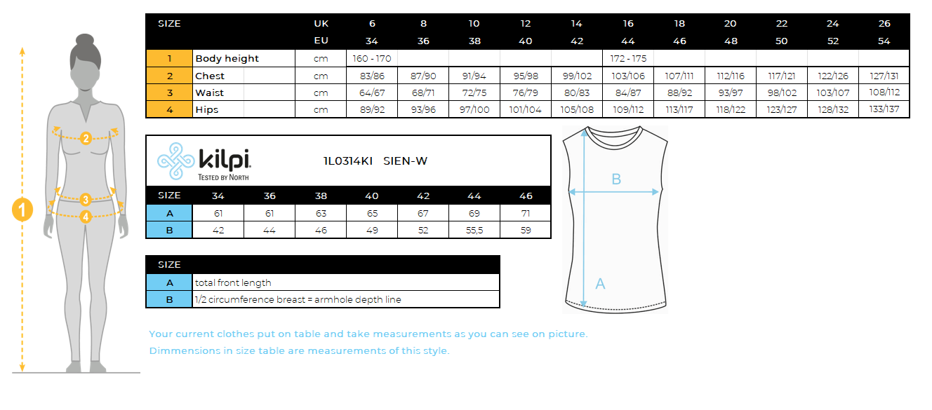 Dames hardlooptop Kilpi SIEN-W – Maattabel