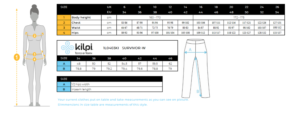 Dames outdoorbroek Kilpi SURVIVOR-W – Maattabel