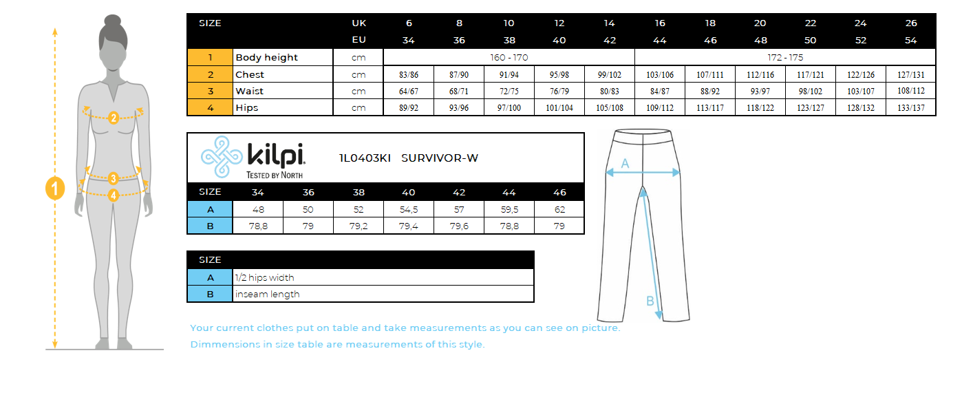 Dames outdoorbroek Kilpi SURVIVOR-W – Maattabel