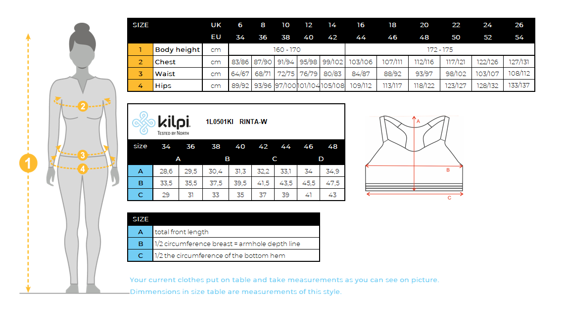 DAMES's sporten BEHA Kilpi RINTA-W – Maattabel