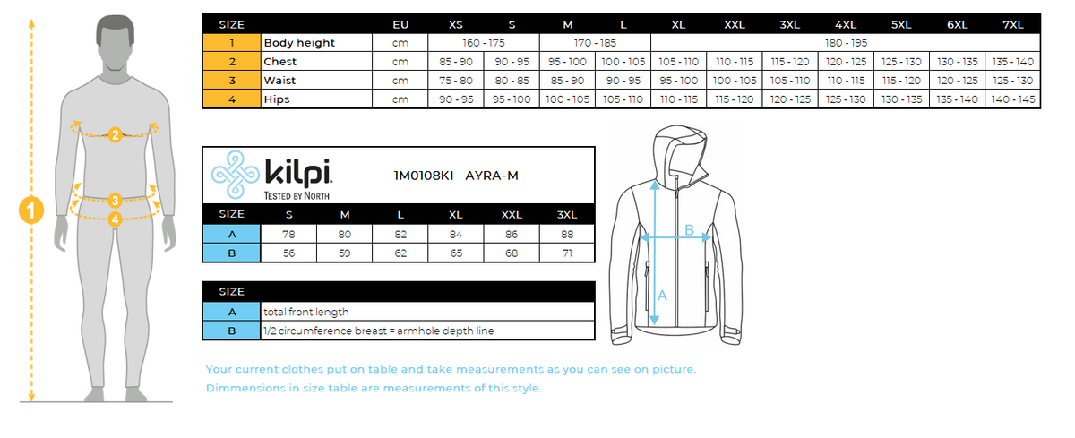Men's outdoor coat Kilpi AYRA-M – Size chart
