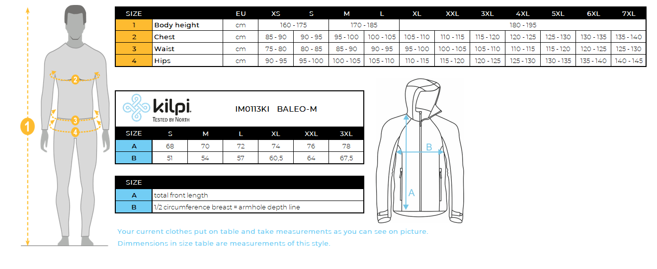 Hardloopjack van softshell voor heren Kilpi BALEO-M – Maattabel