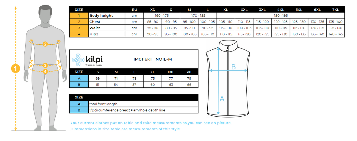 Softshell-vest voor heren Kilpi NOIL-M – Maattabel