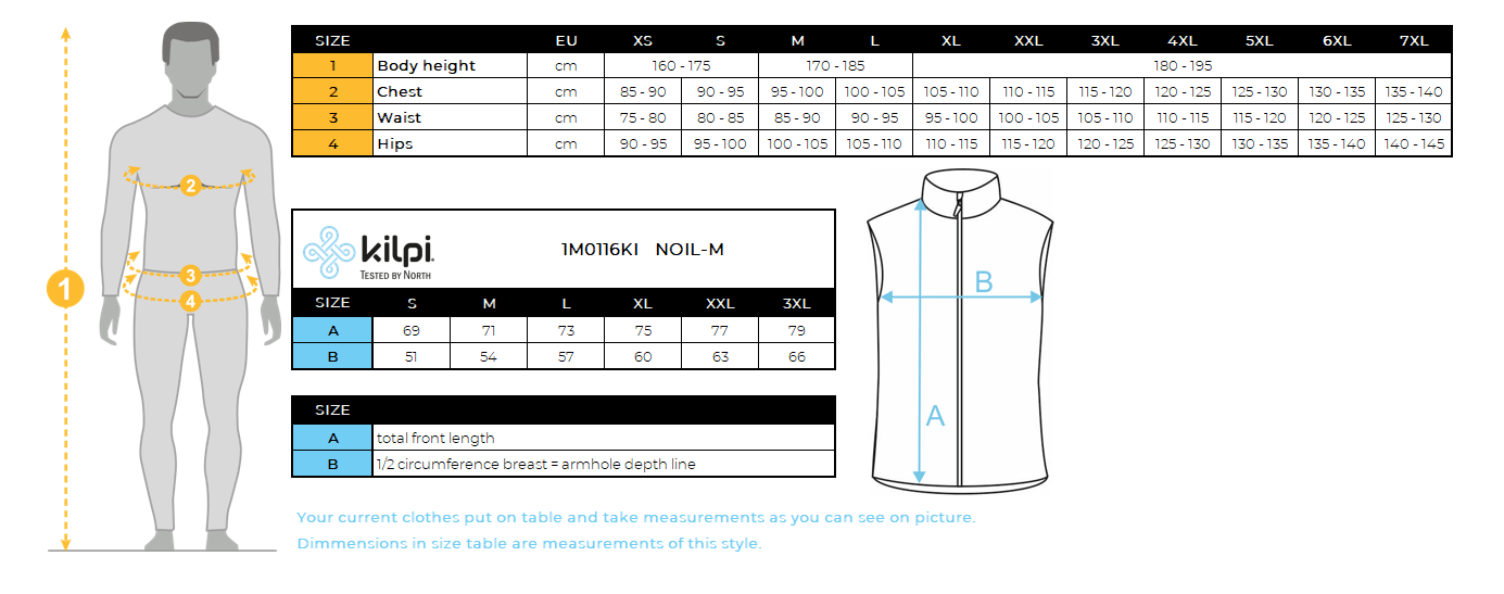 Softshell-vest voor heren Kilpi NOIL-M – Maattabel