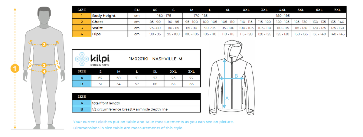Functioneel herensweatshirt Kilpi NASHVILLE-M – Maattabel