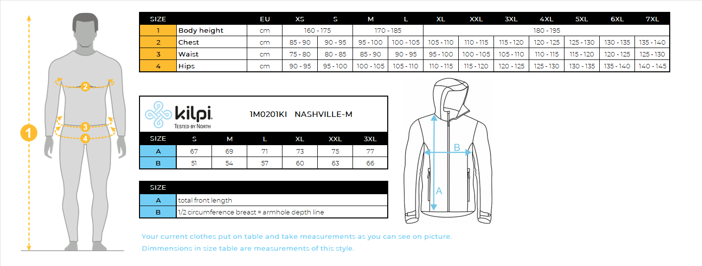 Functioneel herensweatshirt Kilpi NASHVILLE-M – Maattabel