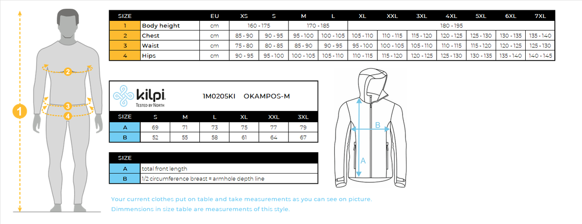 Katoenen hoodie voor actieve stijl Kilpi OKAMPOS-M – Maattabel