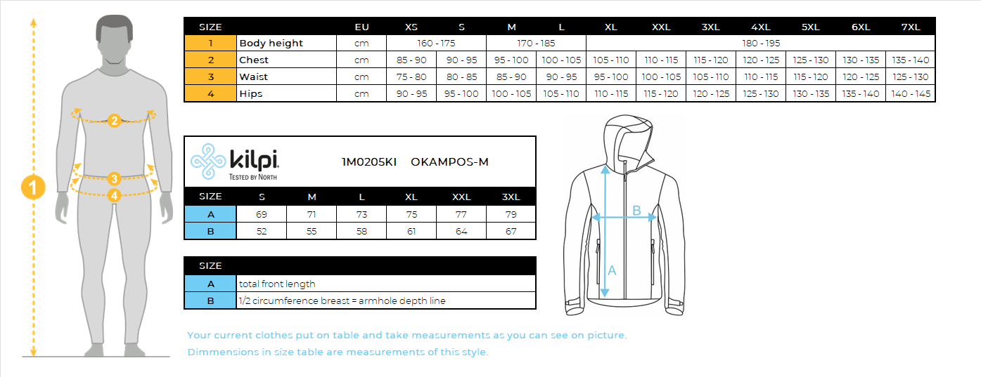 Katoenen hoodie voor actieve stijl Kilpi OKAMPOS-M – Maattabel