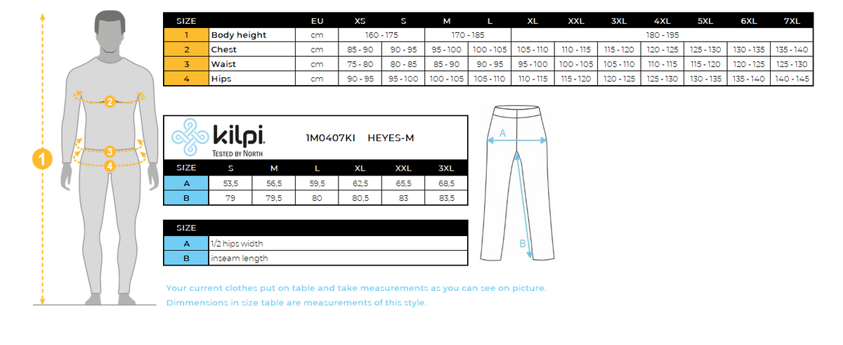 Hardloopbroek voor heren Kilpi HEYES-M – Maattabel