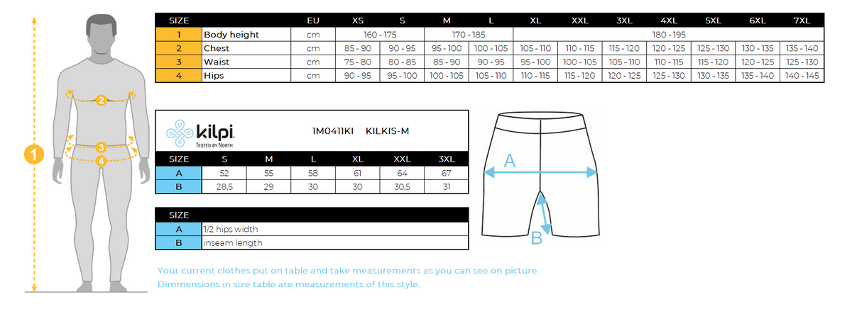 Herenzak SHORTS Kilpi KILKIS-M – Maattabel