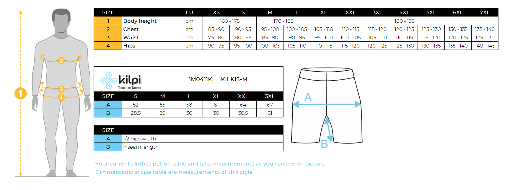Herenzak SHORTS Kilpi KILKIS-M – Maattabel