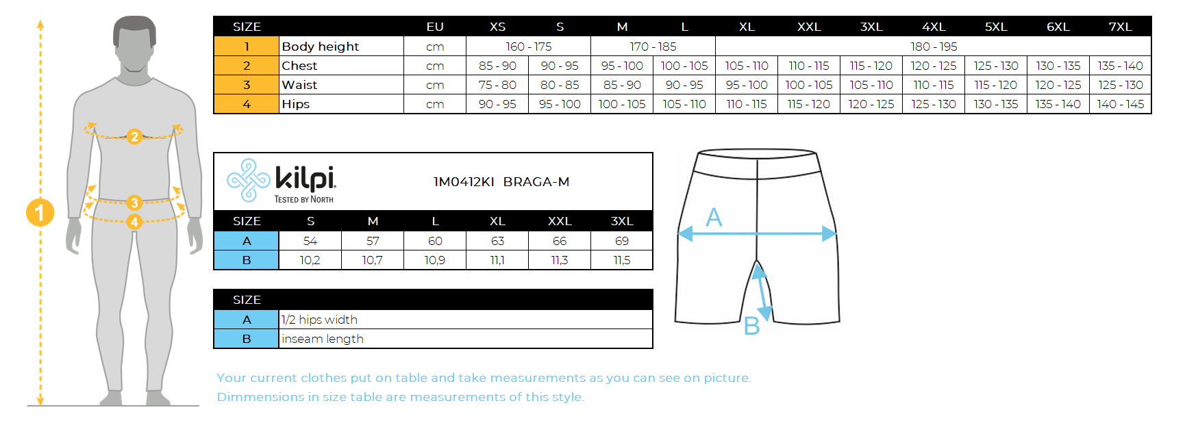 Mannen rennen SHORTS voor comfort en prestaties Kilpi BRAGA-M – Maattabel